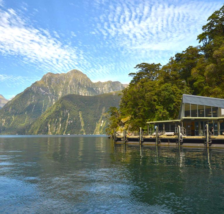 Milford-Sound-Underwater-Observatory-in-Harrison-Cove-with-mountain-backdrop