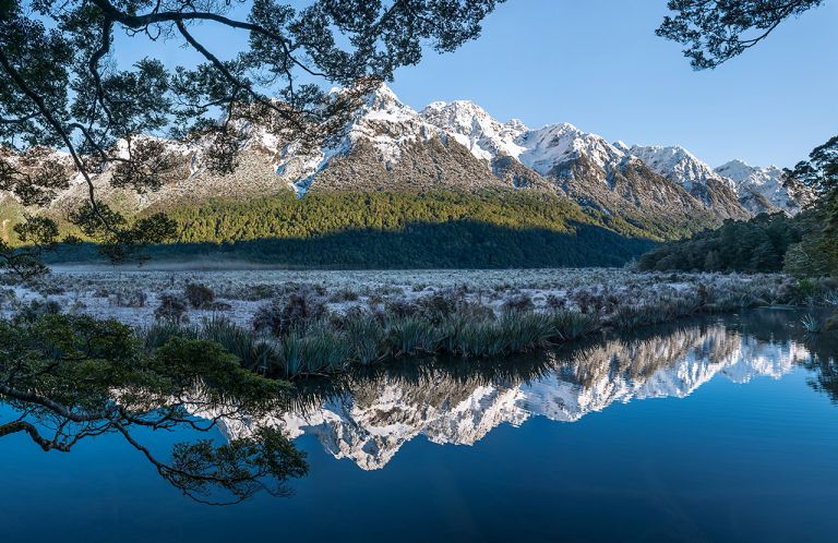 Panoramic of Mirror Lakes, New Zealand.