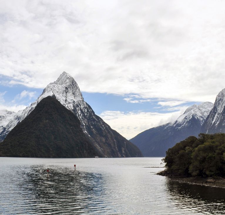 Milford Sound mountain peaks and waterfalls