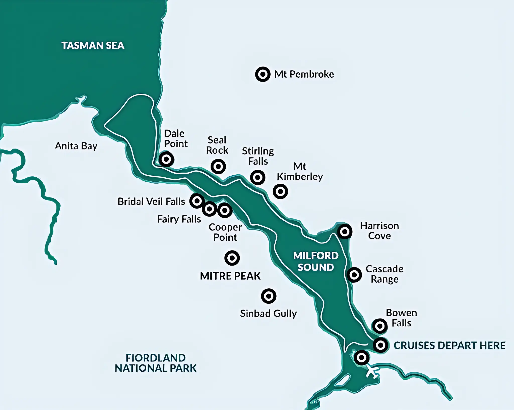 Map of Milford Sound cruise highlights including Bowen Falls, Stirling Falls, Mitre Peak, and Seal Rock